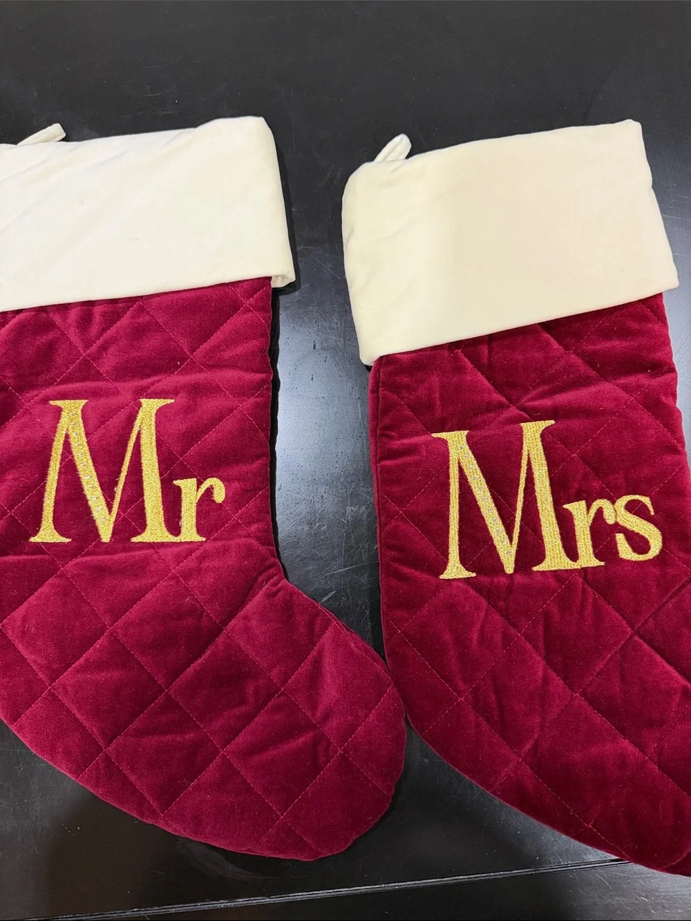 Mr & Mrs Velvet Christmas Stockings - Red with Cream Cuff